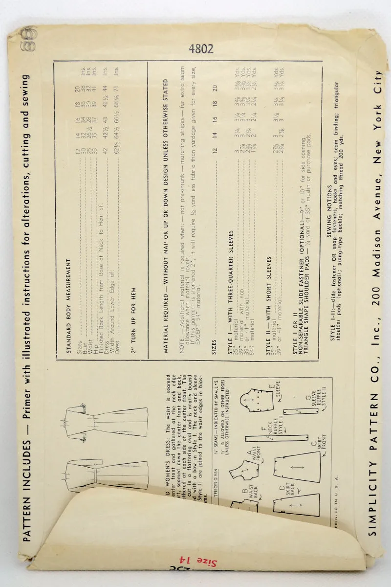 1940's vintage Simplicity 4802 Dress sewing pattern