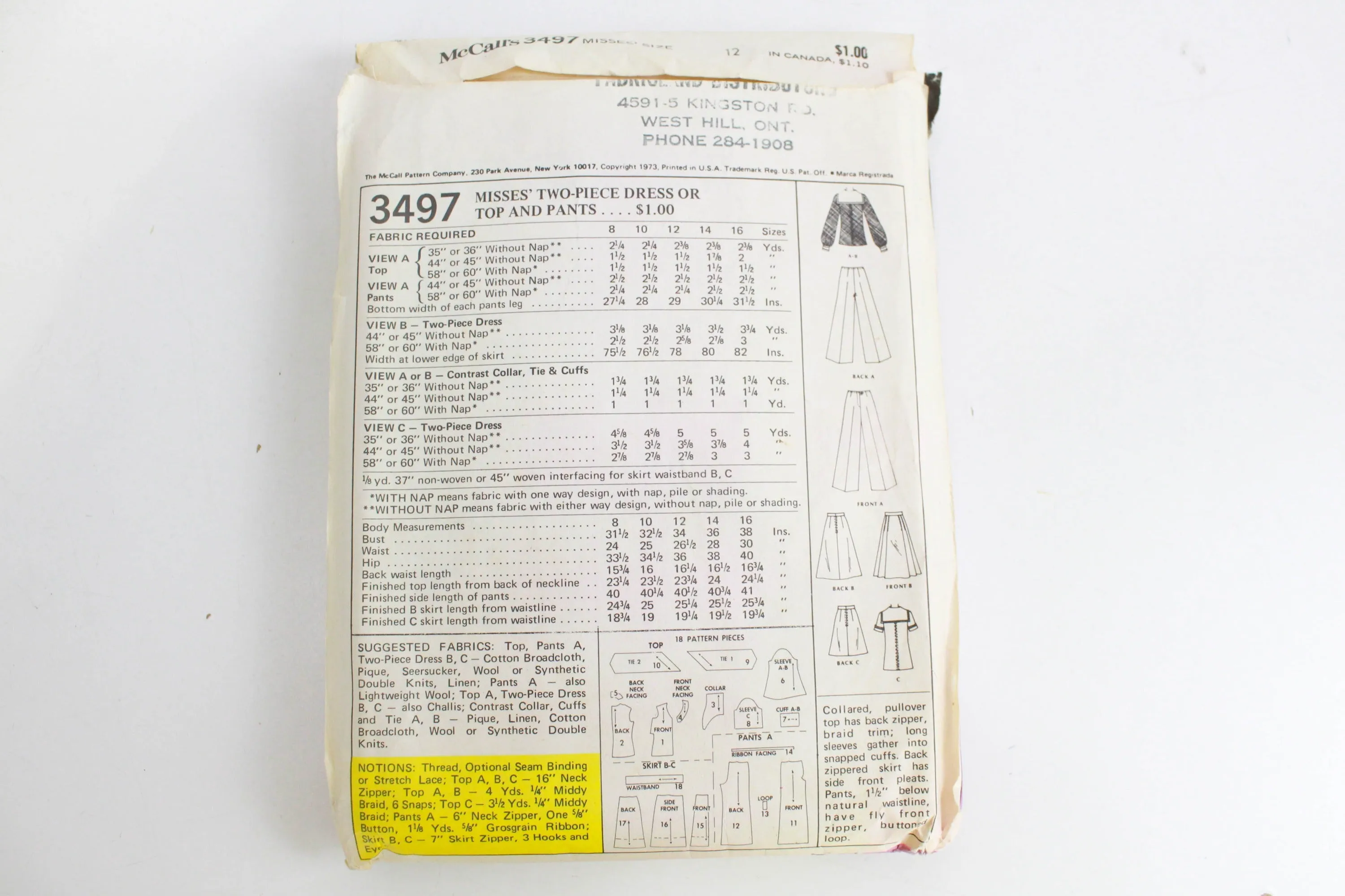 1970s Pants, Skirt Suit or Top Sewing Pattern McCall's 3497, Bust 34