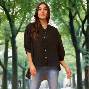 3/4 Sleeve Shirt With Back Button Detail - Black