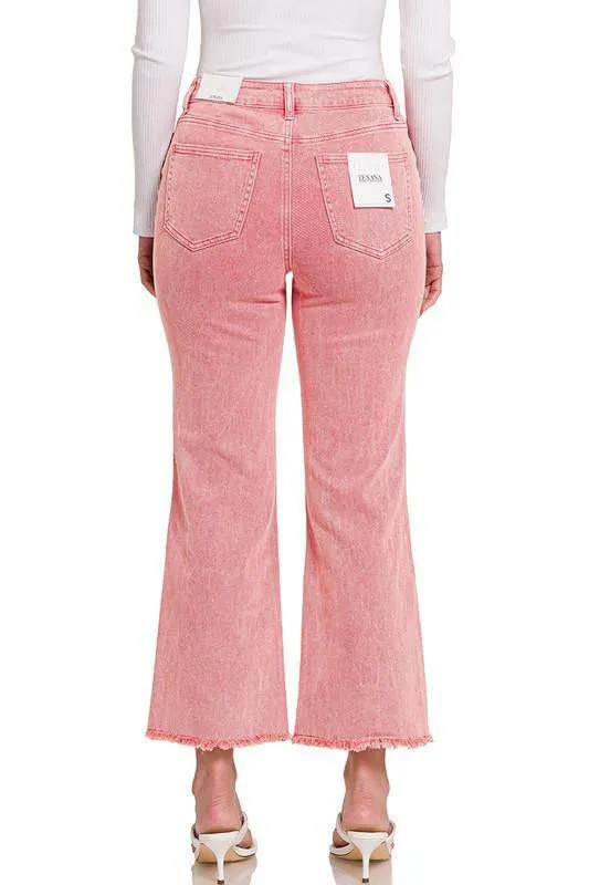 Acid Washed High Waist Frayed Hem Cropped Kick Flare Jeans