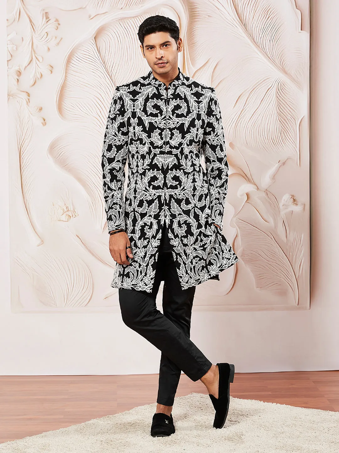ASTRAMAY Men's Black Fox Geogette Indo Western, Kurta, Pant And Dupatta Set