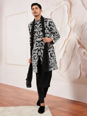 ASTRAMAY Men's Black Fox Geogette Indo Western, Kurta, Pant And Dupatta Set
