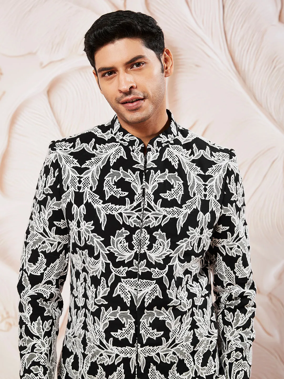 ASTRAMAY Men's Black Fox Geogette Indo Western, Kurta, Pant And Dupatta Set