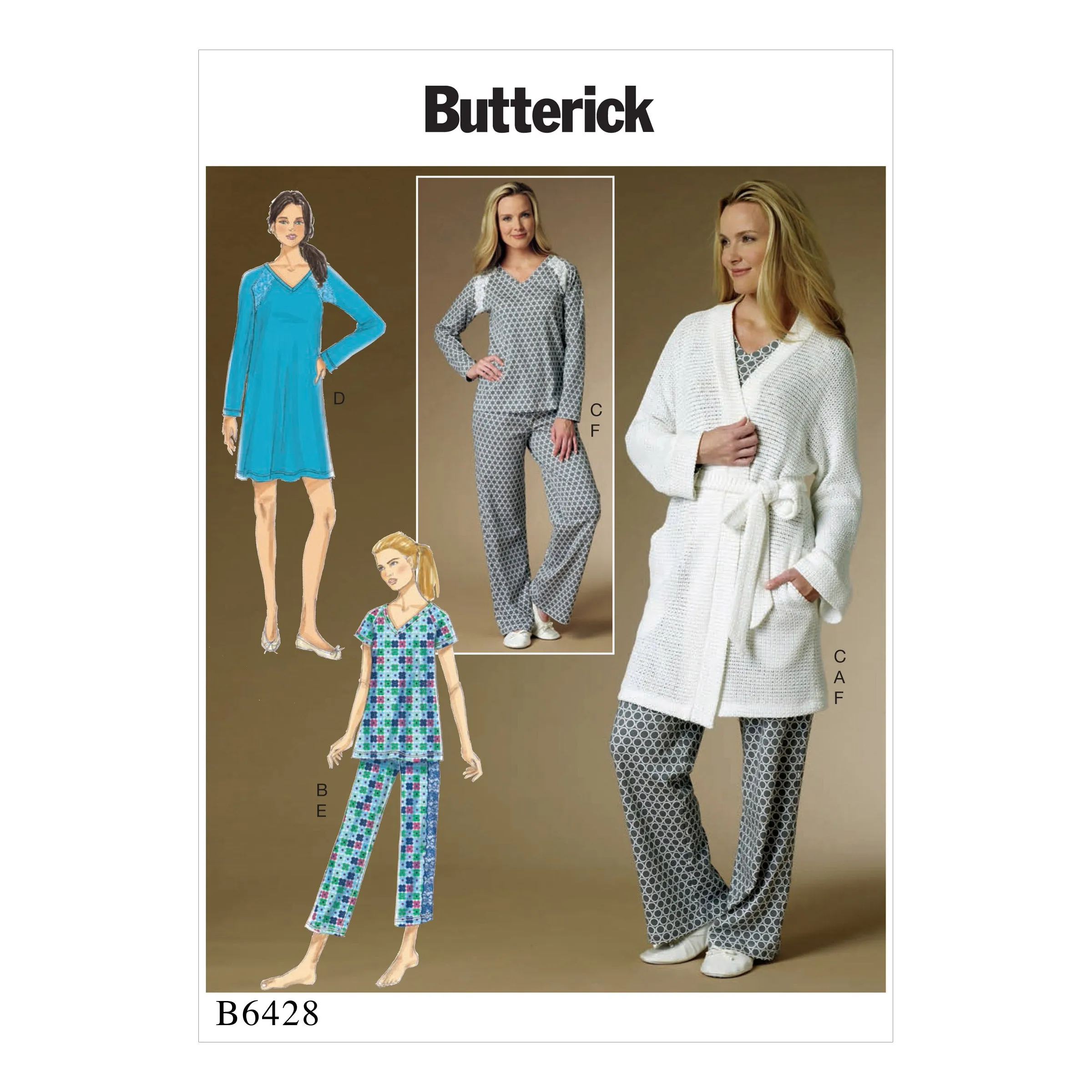 B6428 Misses' Robe, Raglan Sleeve Tops and Gown, and Pull-On Pants