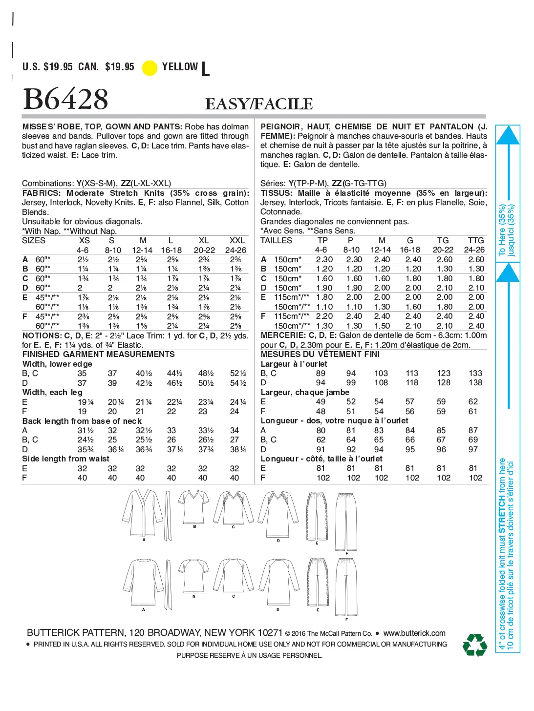 B6428 Misses' Robe, Raglan Sleeve Tops and Gown, and Pull-On Pants
