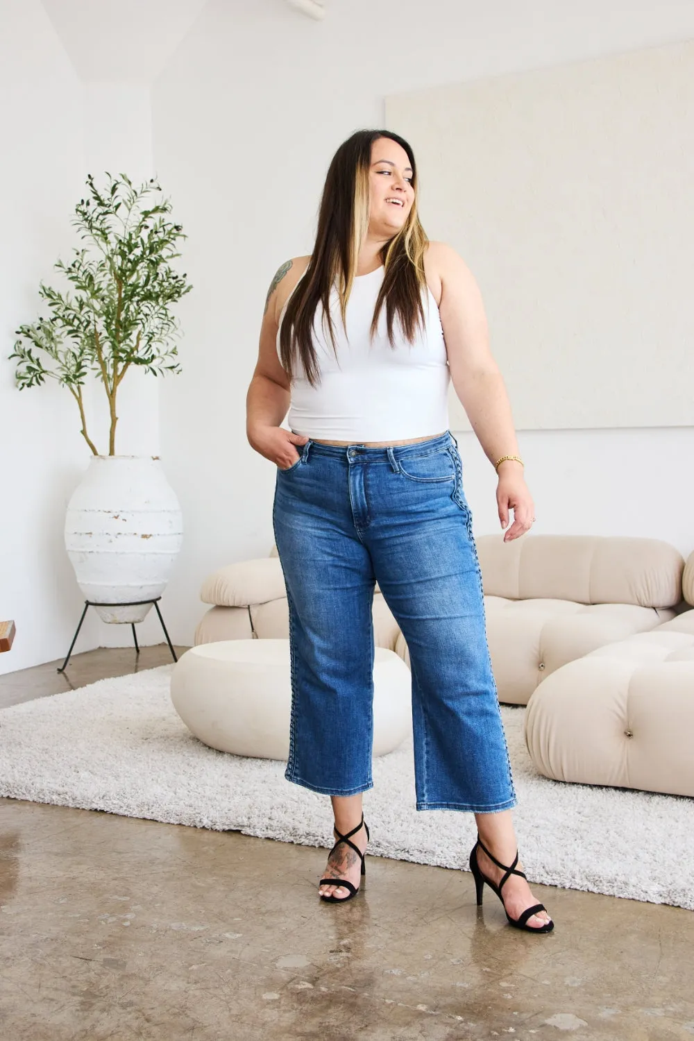 Braid Side Detail Wide Leg Jeans