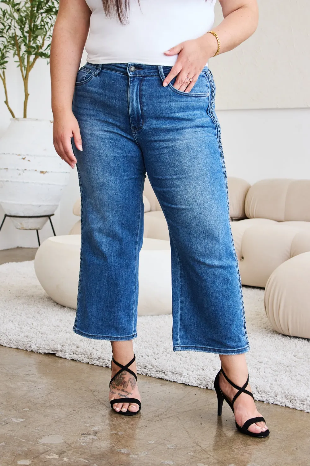 Braid Side Detail Wide Leg Jeans
