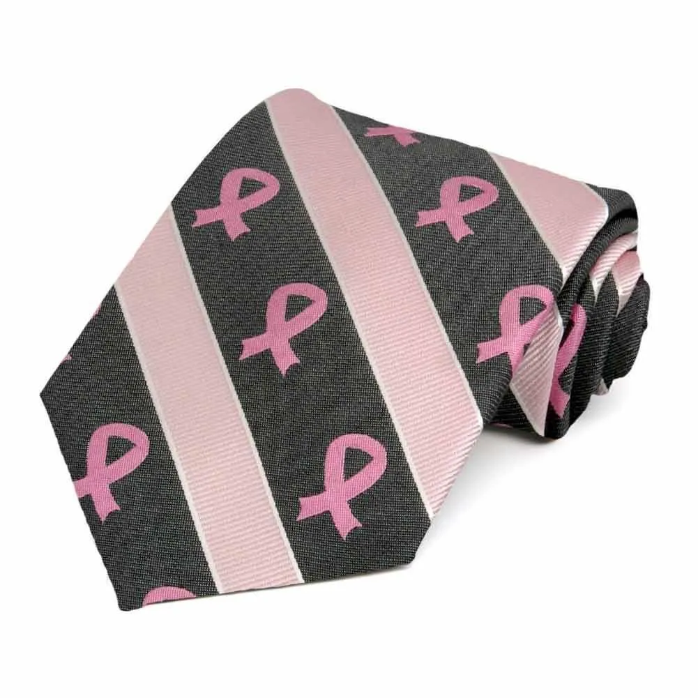 Breast Cancer Awareness Striped Cotton/Silk Extra Long Tie in Black