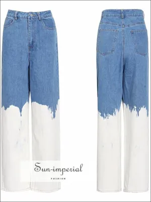 Casual Loose White Painted Women full Length Two Tone Denim Jeans High Waist Color Block Wide Leg