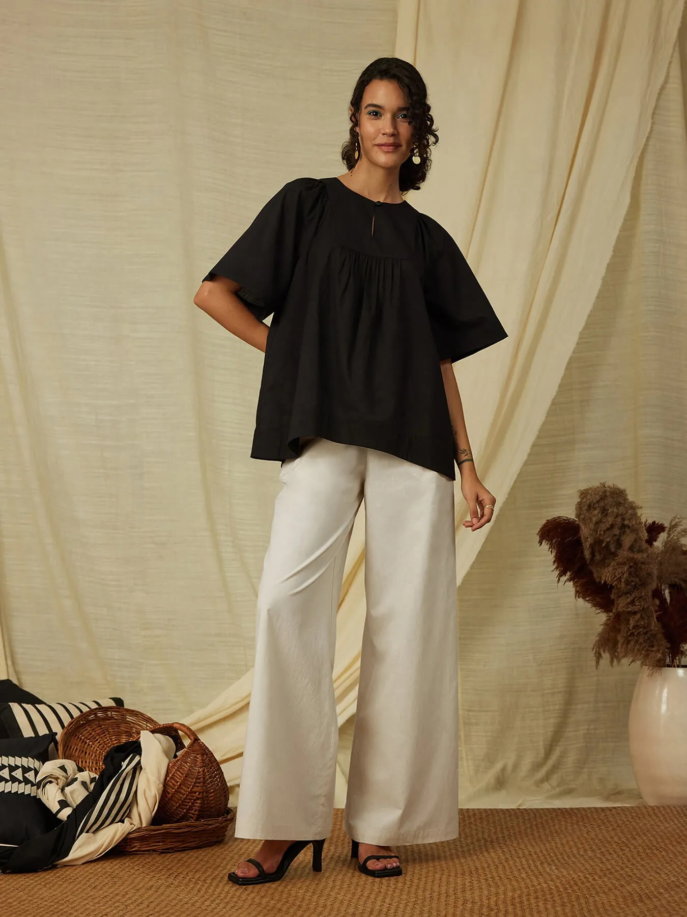 Cotton Gathered Top - Black