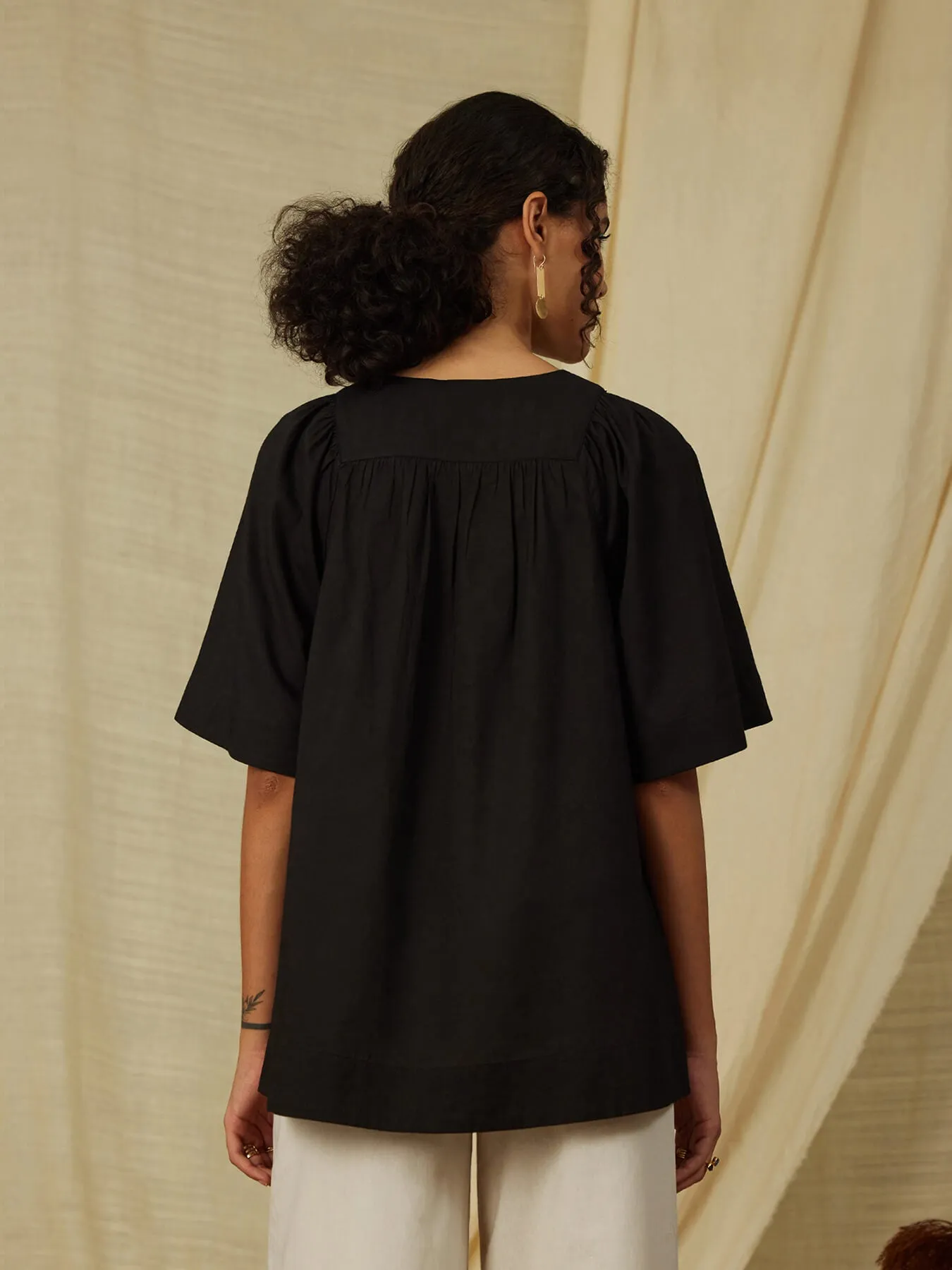 Cotton Gathered Top - Black
