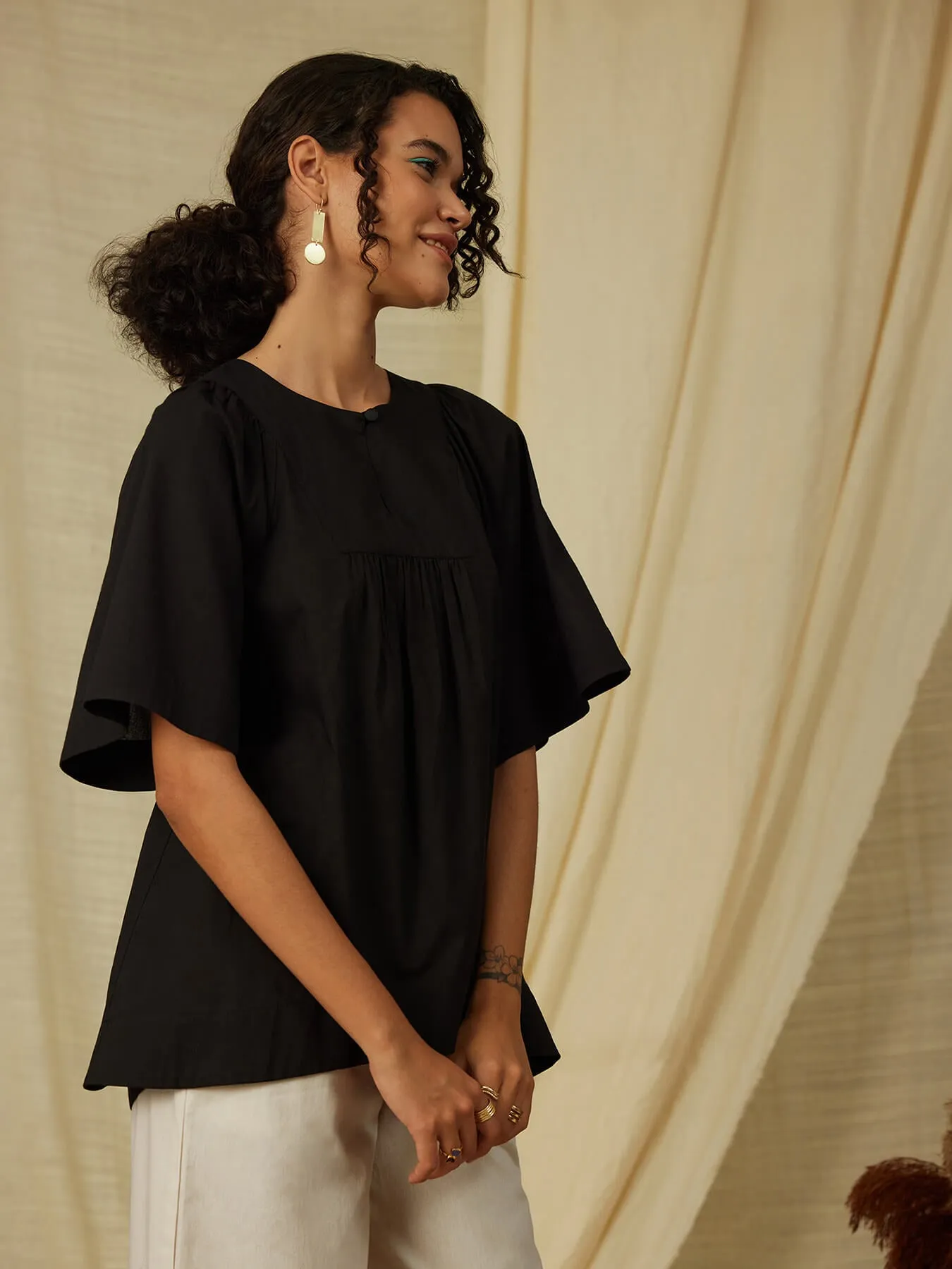 Cotton Gathered Top - Black