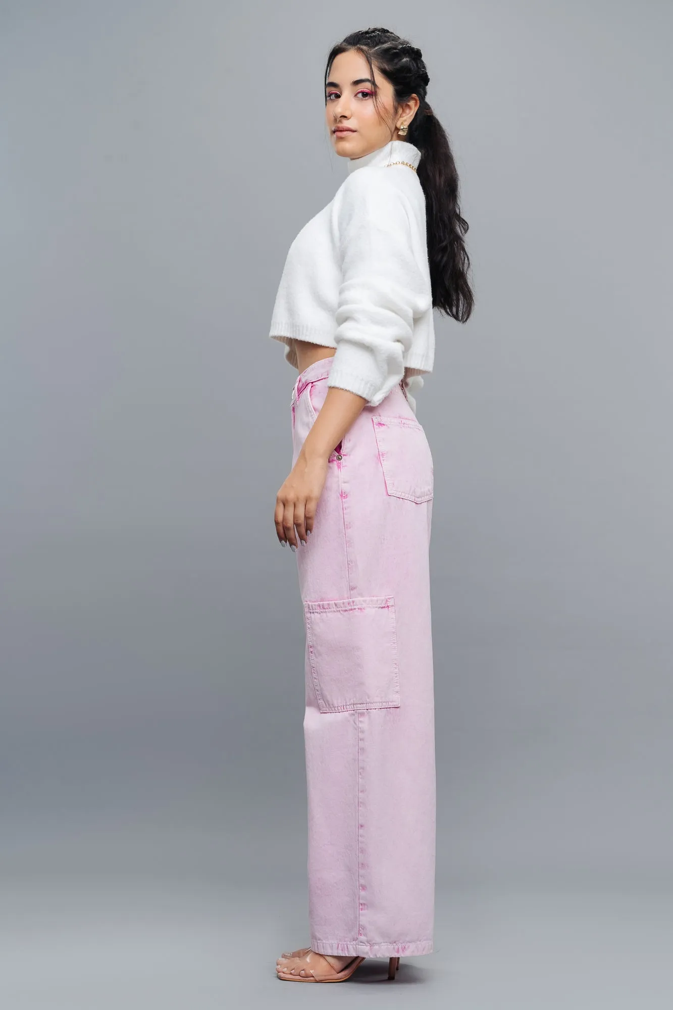 Crepe Pink Cargo Jeans