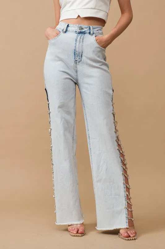 Cut Out At Side w/ Jewel Trim Stretch Denim Jeans