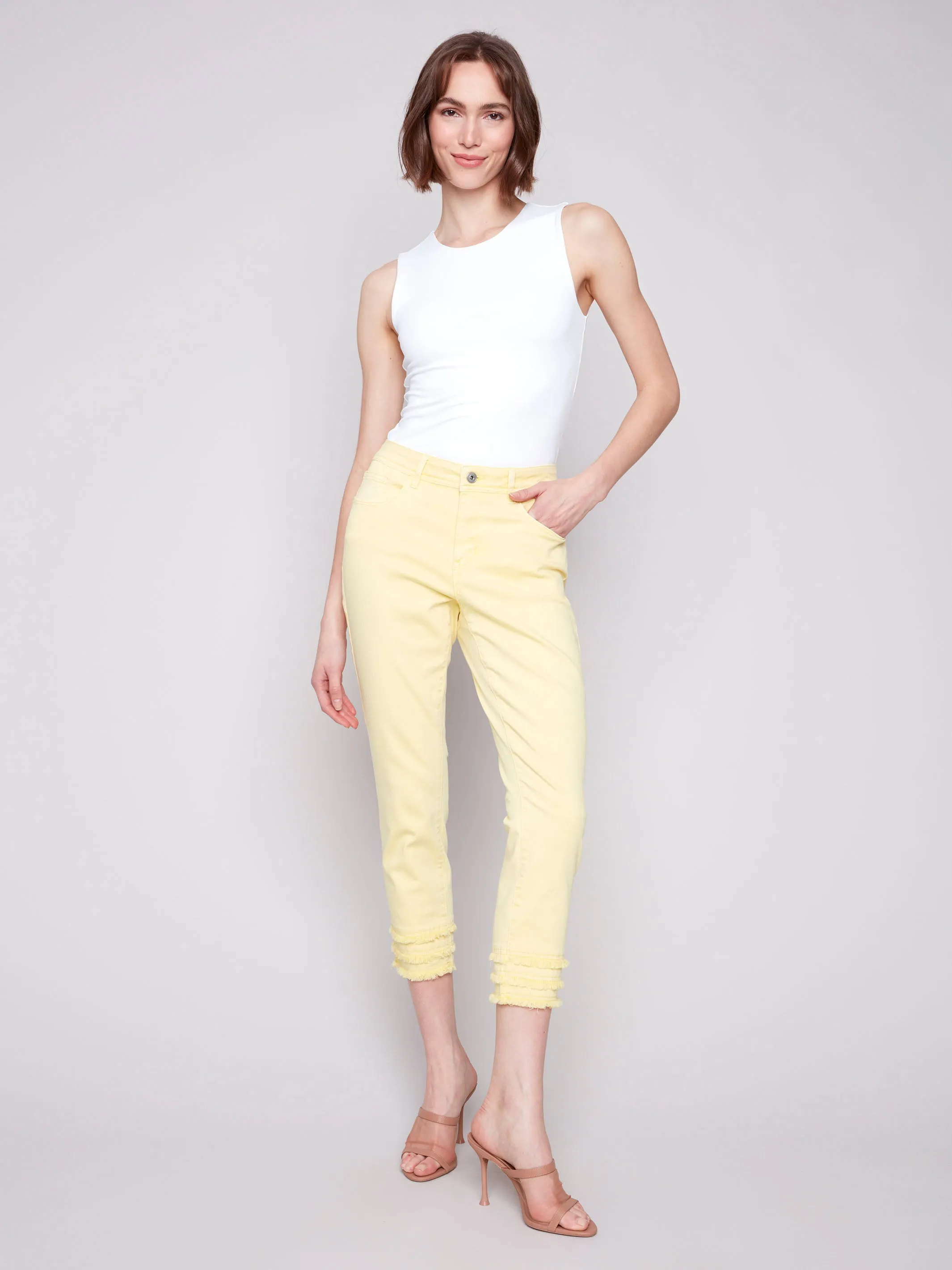Frayed Hem Cropped Twill Pants - Lemonade