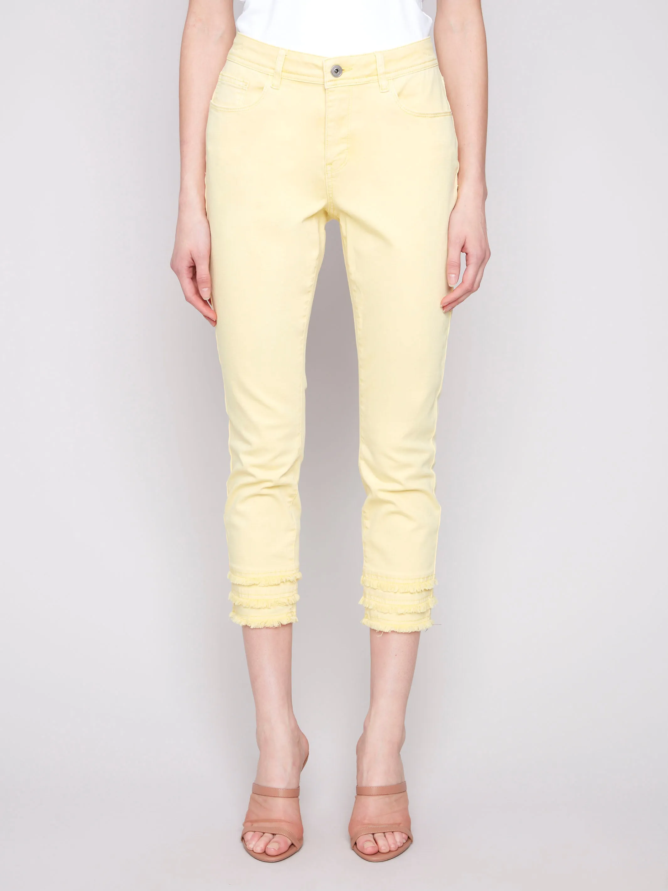 Frayed Hem Cropped Twill Pants - Lemonade