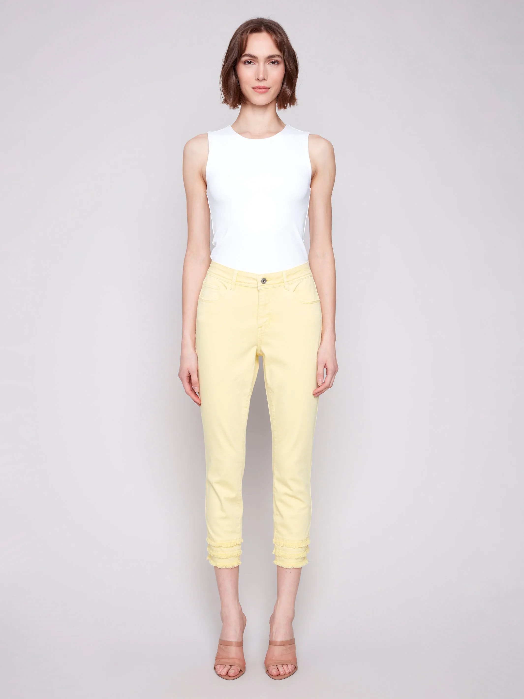 Frayed Hem Cropped Twill Pants - Lemonade