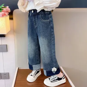 Girls Shaded Jeans With Flower Detail