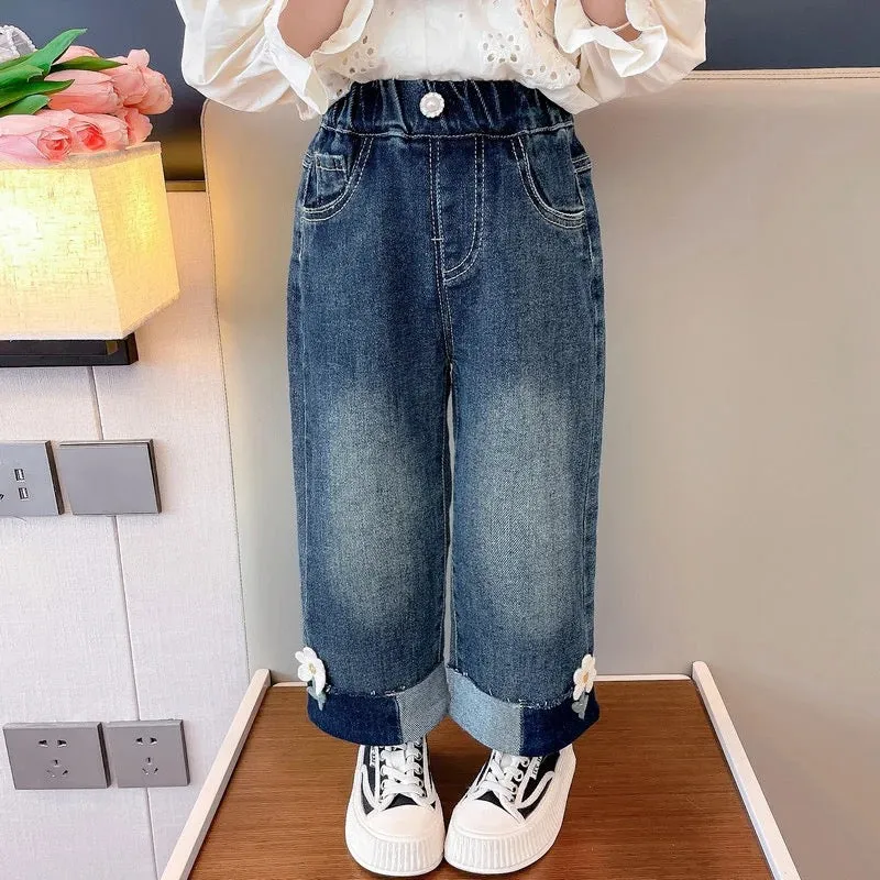 Girls Shaded Jeans With Flower Detail
