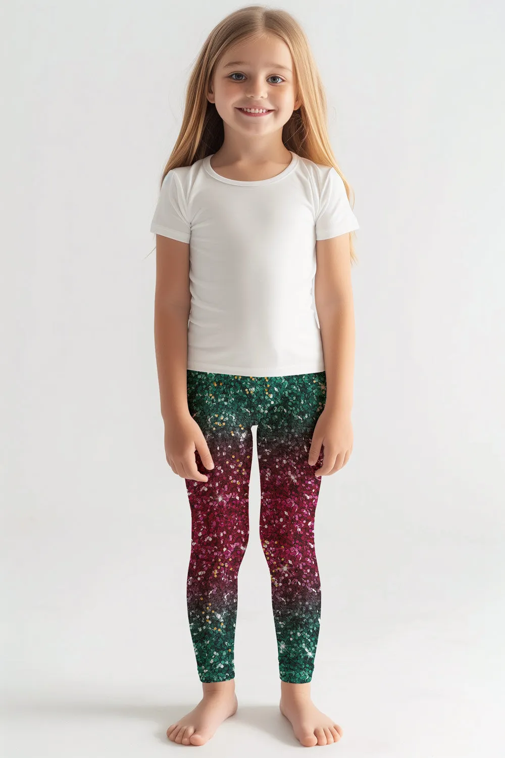 Glitzy Tinsel Lucy Green Glitter Shiny Print Holiday Leggings - Girls