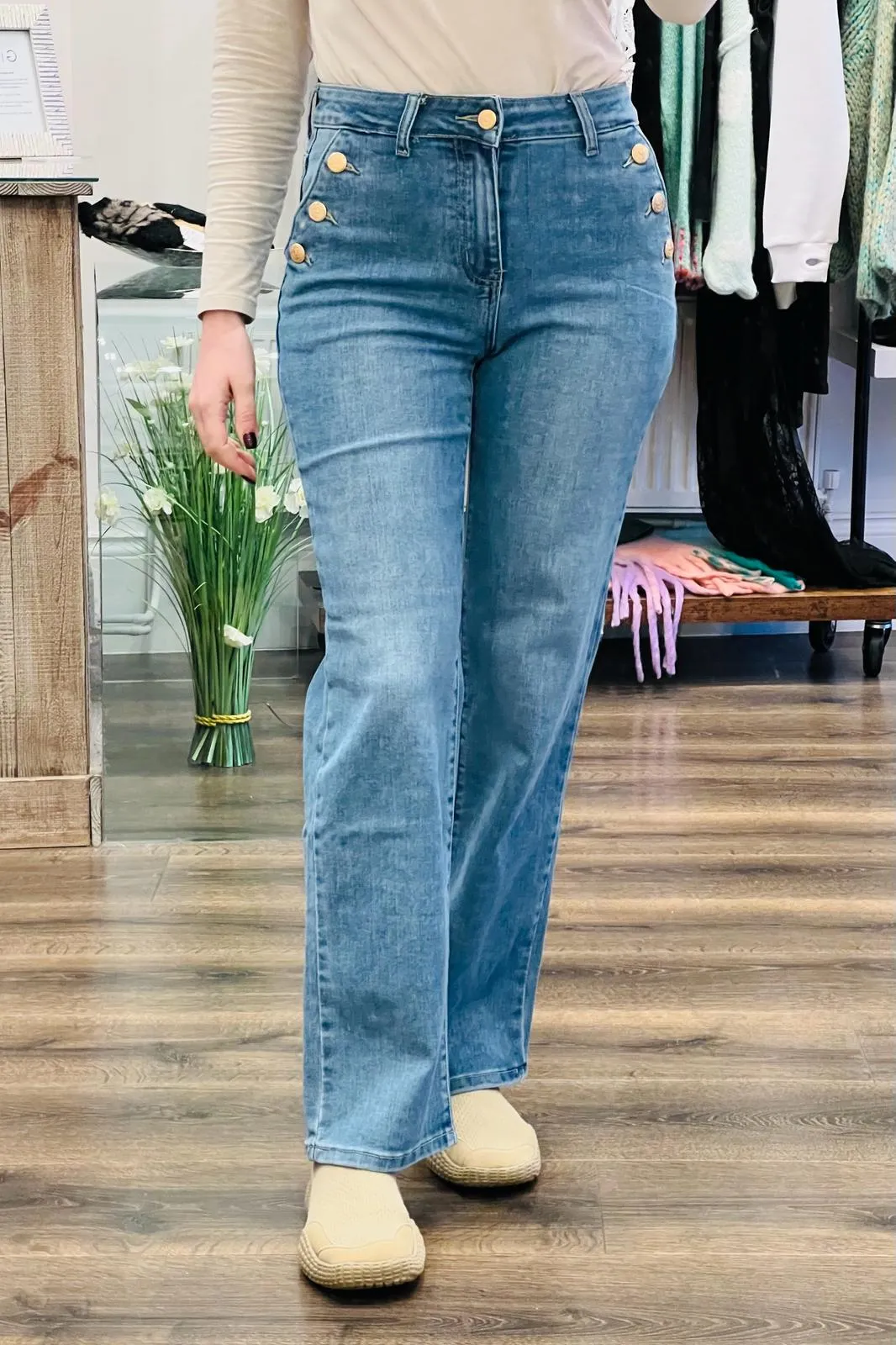 Gold Buttons Detail Jeans