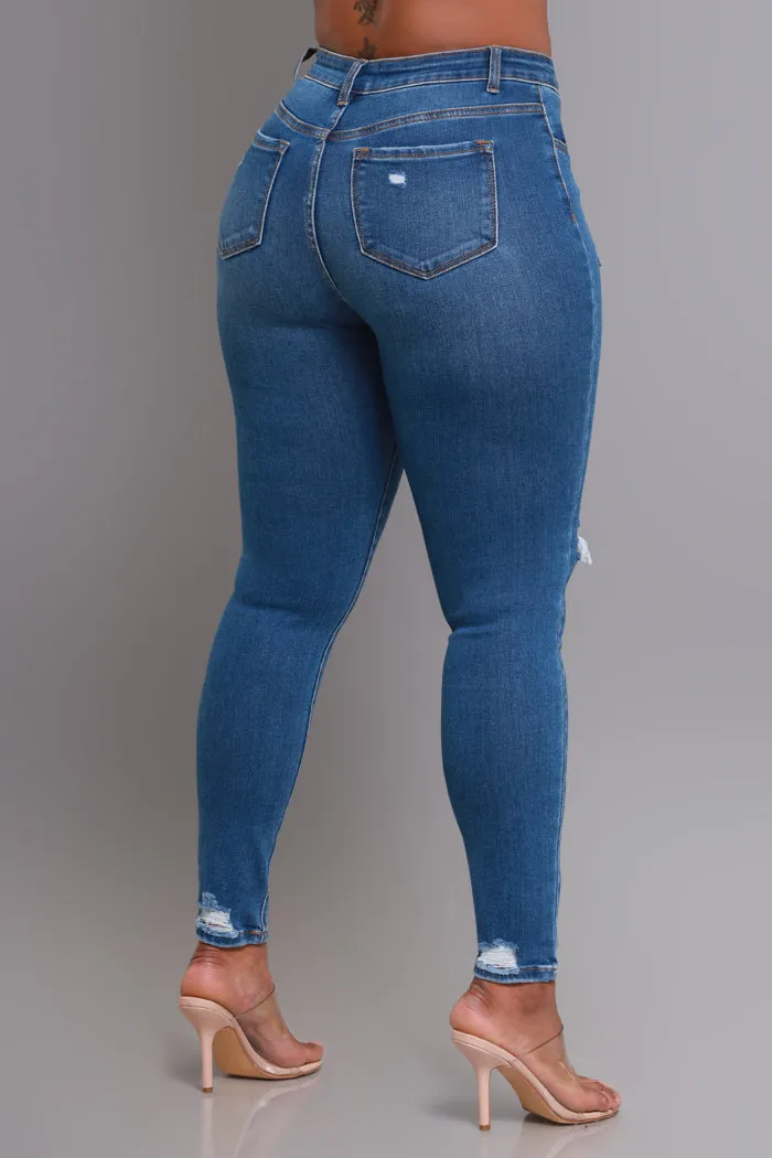 Here We Go High Rise Distressed Skinny Jeans - Med Wash