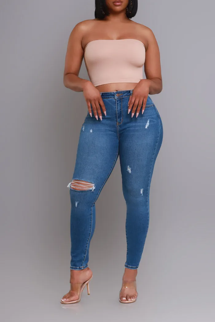 Here We Go High Rise Distressed Skinny Jeans - Med Wash