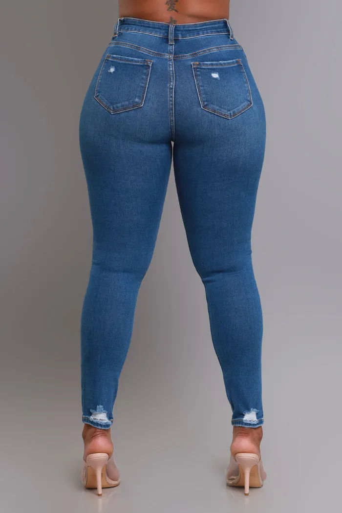 Here We Go High Rise Distressed Skinny Jeans - Med Wash