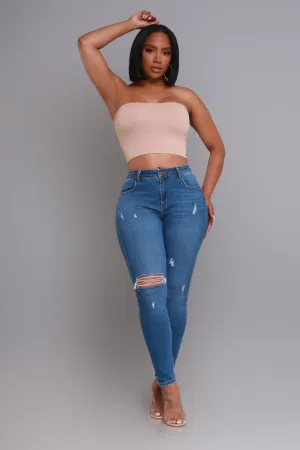 Here We Go High Rise Distressed Skinny Jeans - Med Wash