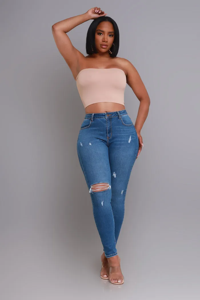 Here We Go High Rise Distressed Skinny Jeans - Med Wash