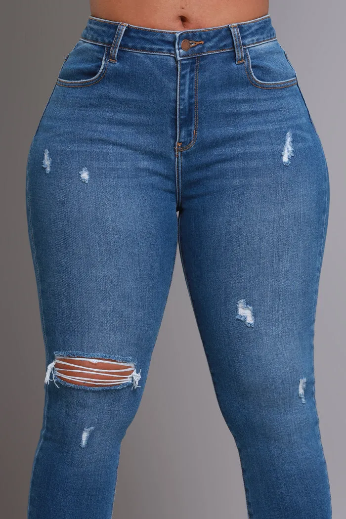 Here We Go High Rise Distressed Skinny Jeans - Med Wash