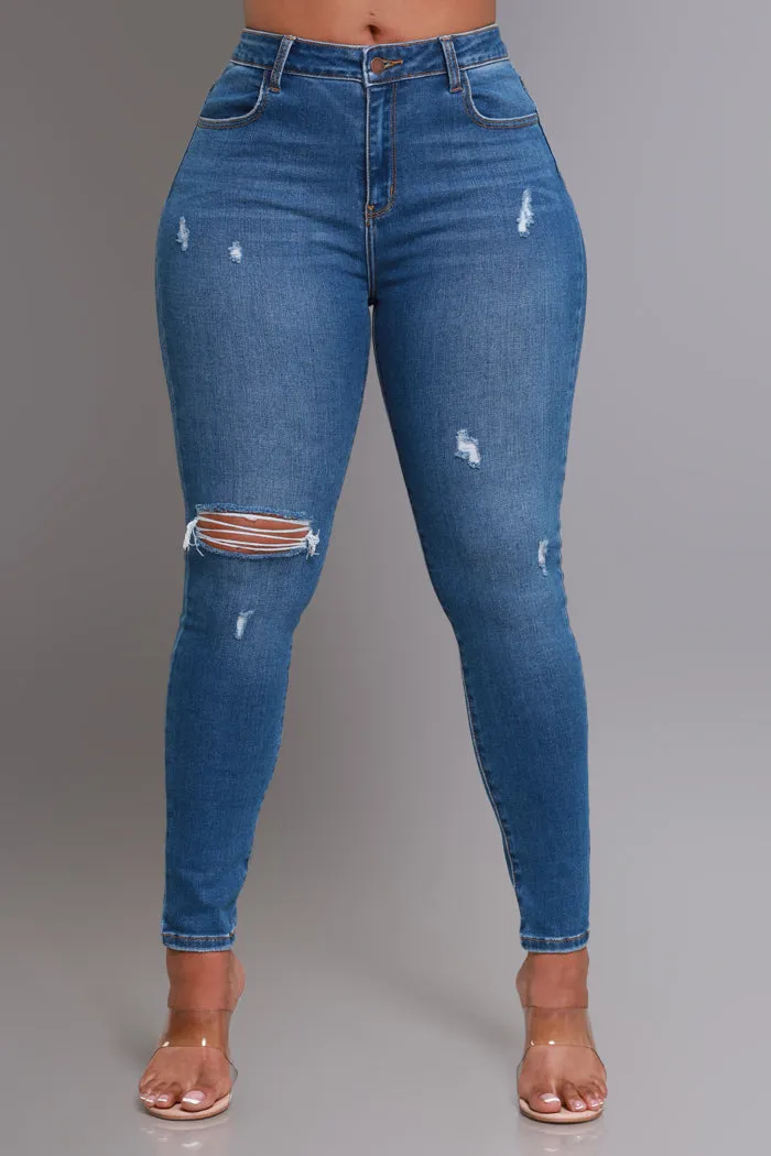 Here We Go High Rise Distressed Skinny Jeans - Med Wash