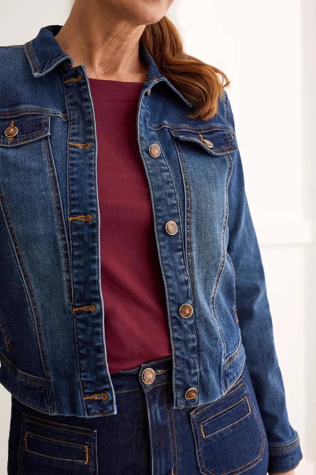 Horn-Button Stretch Denim Jacket
