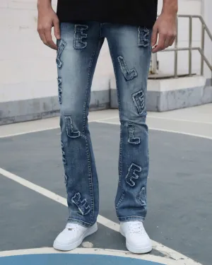 Medium Wash Blue Jeans with Ripped Text-Mexico Local Delivery