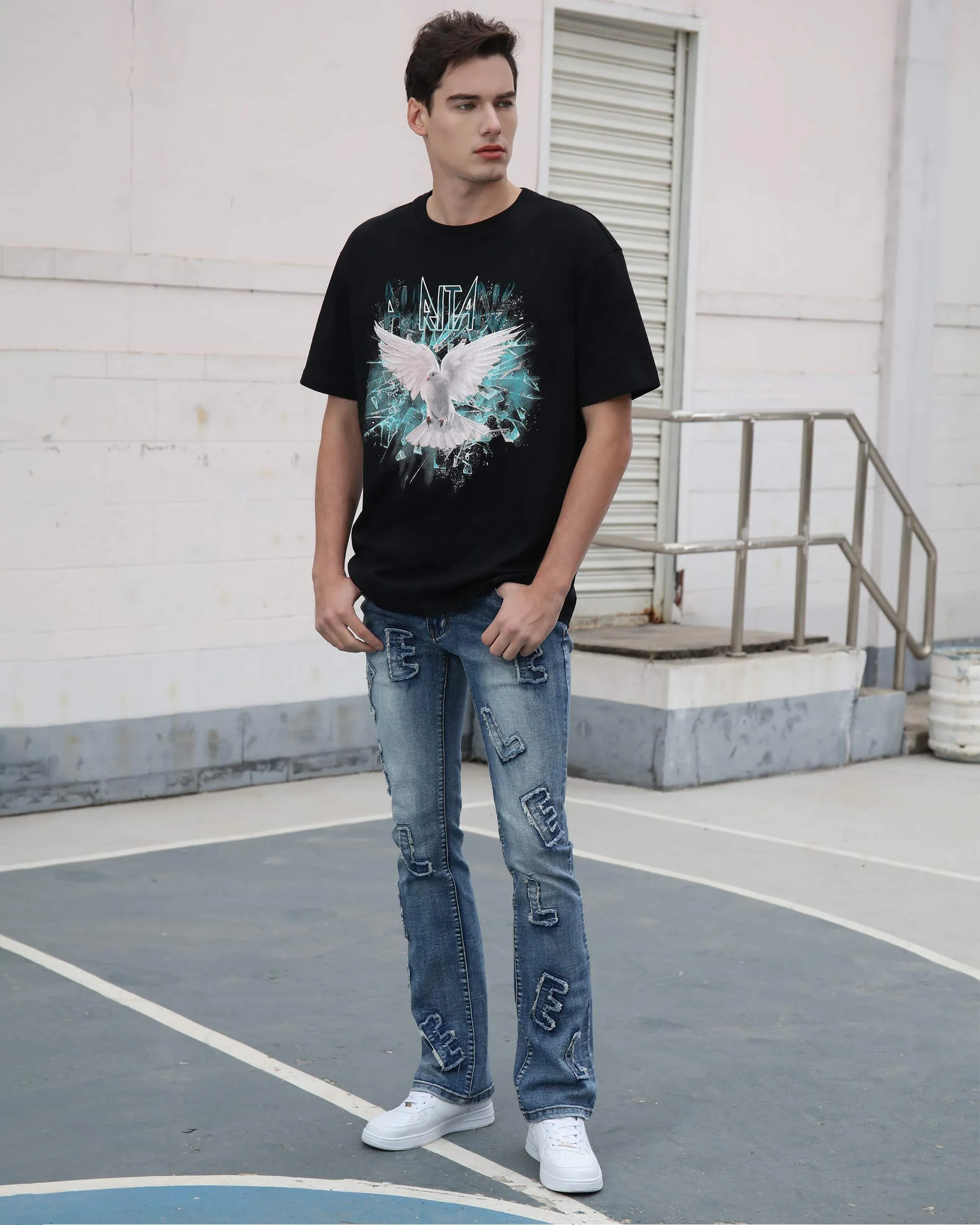 Medium Wash Blue Jeans with Ripped Text-Mexico Local Delivery