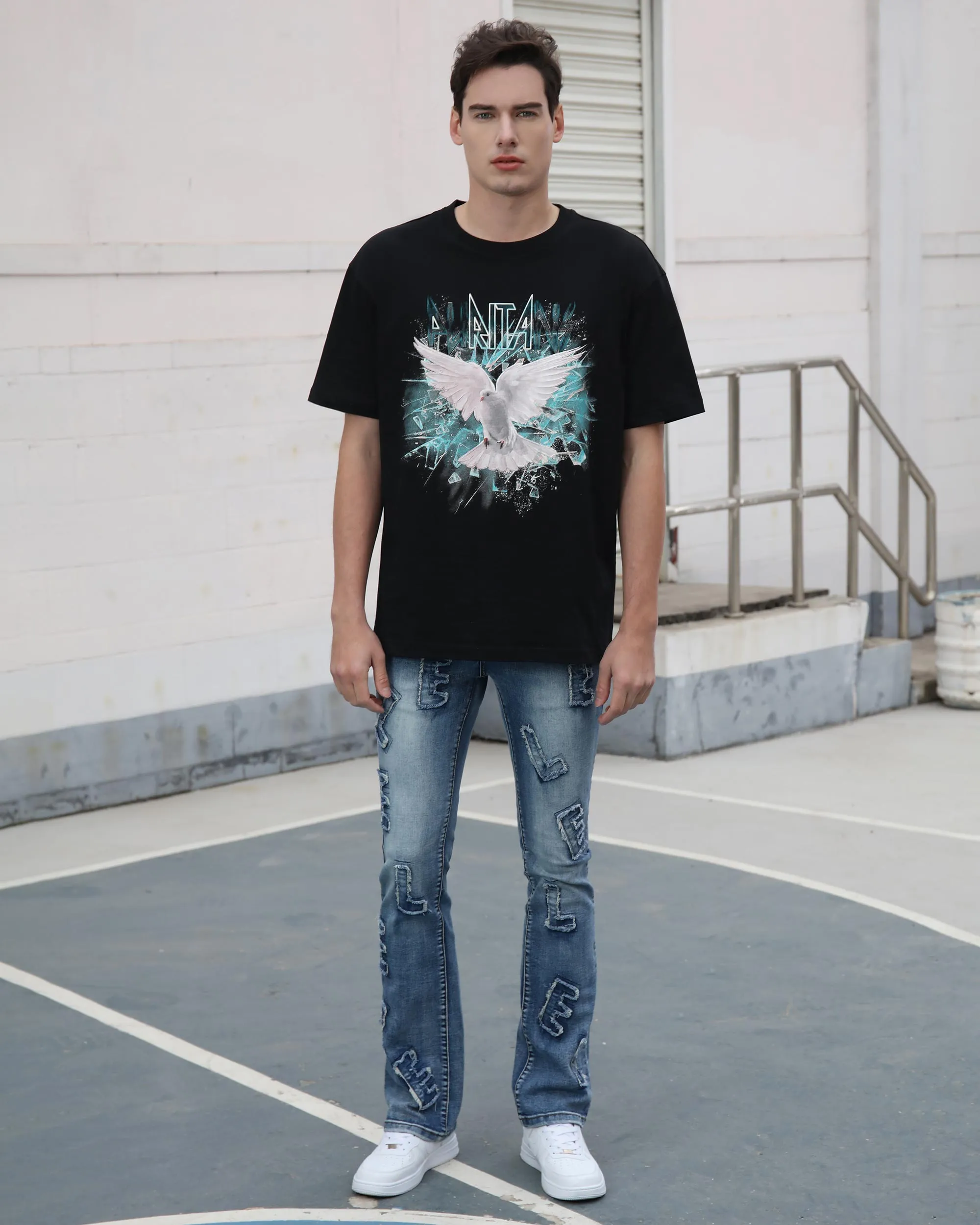 Medium Wash Blue Jeans with Ripped Text-Mexico Local Delivery