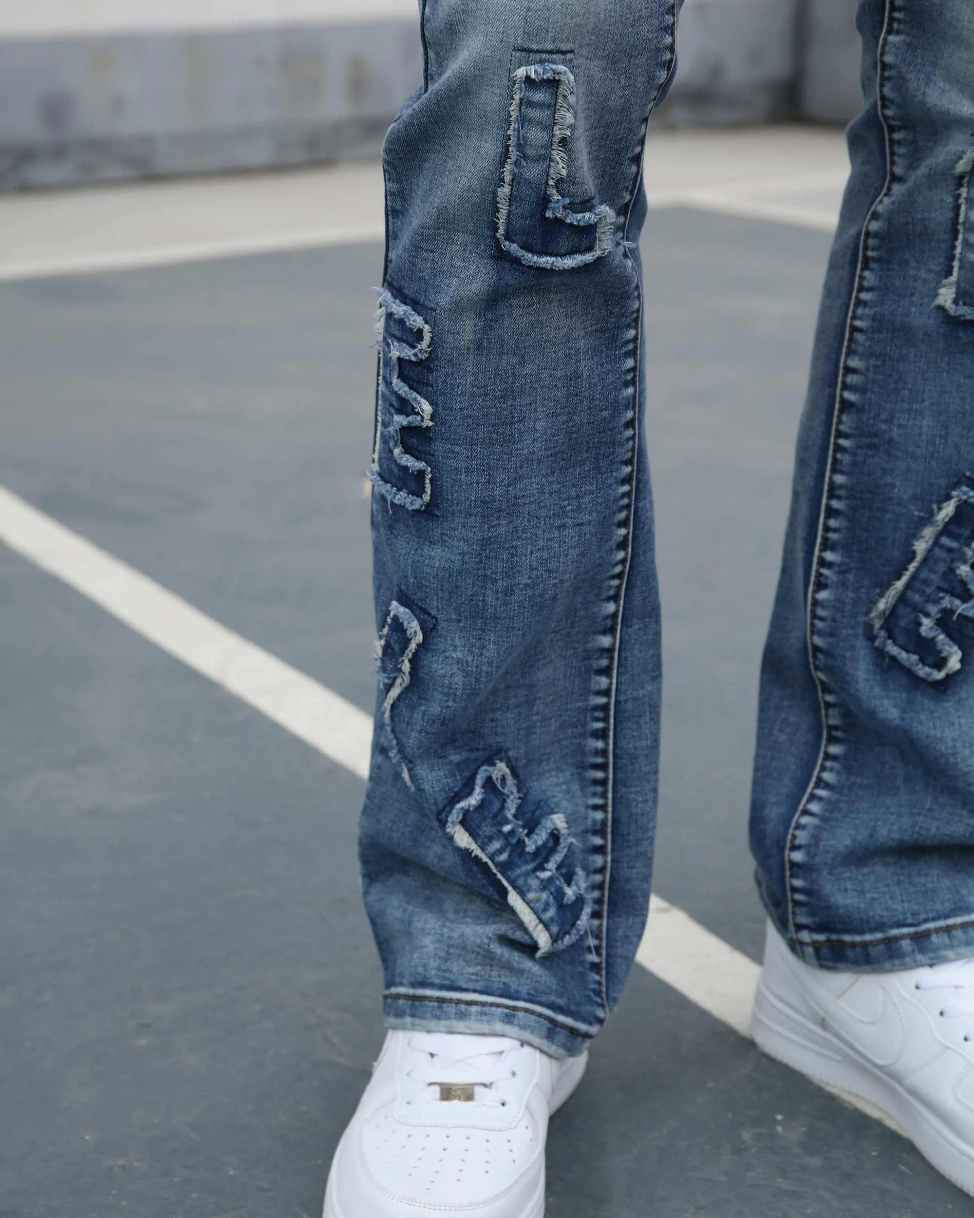 Medium Wash Blue Jeans with Ripped Text-Mexico Local Delivery