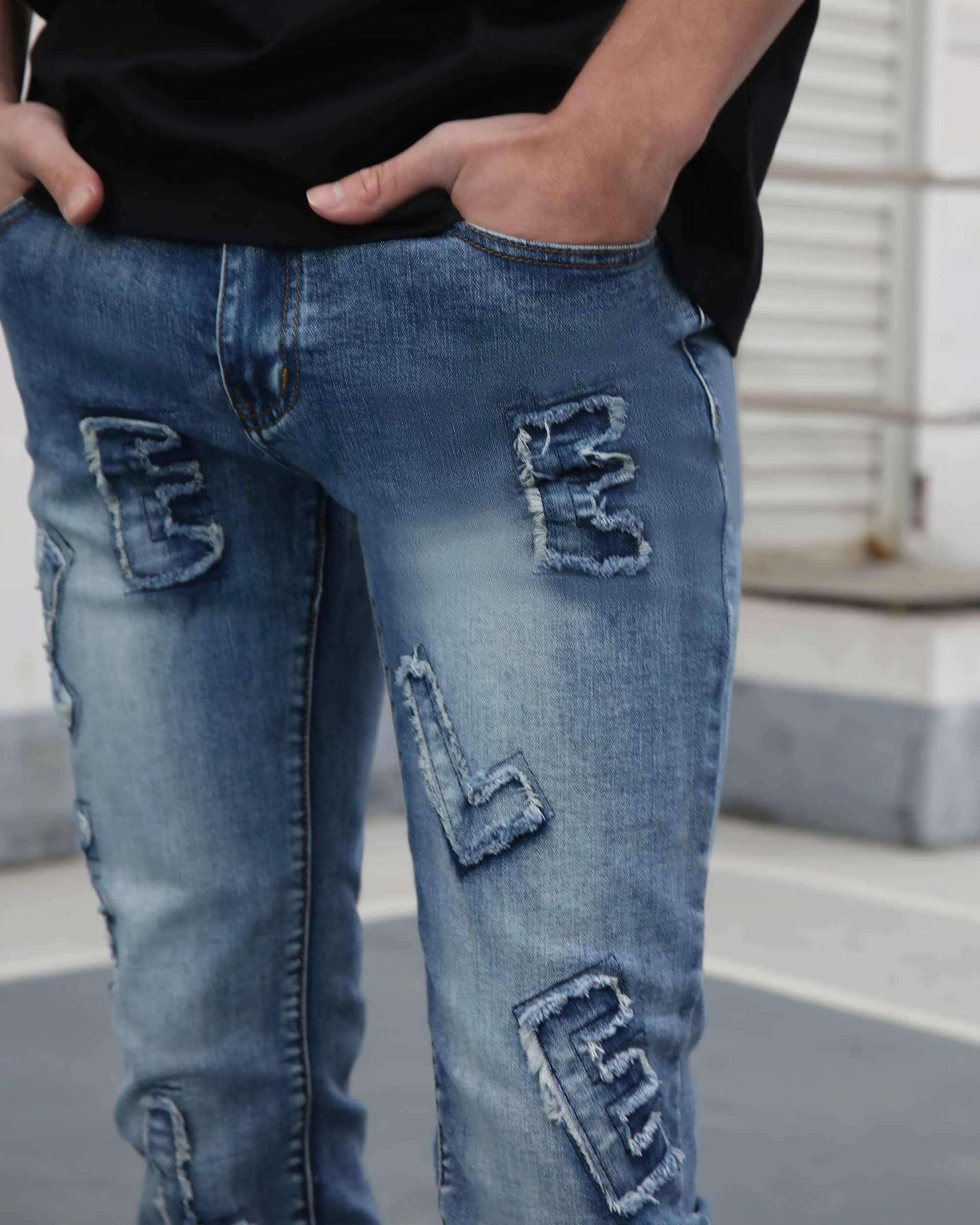 Medium Wash Blue Jeans with Ripped Text-Mexico Local Delivery