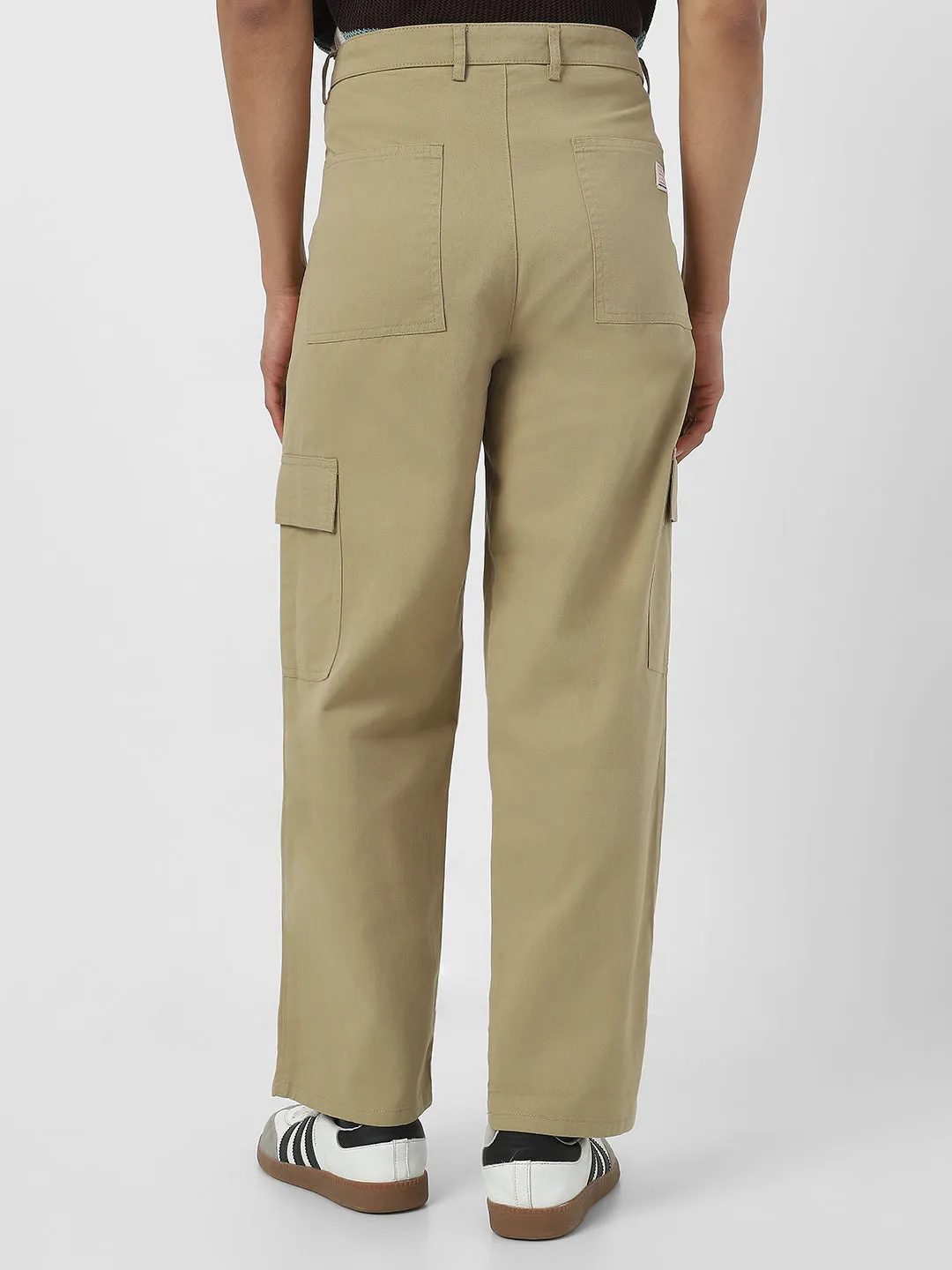 Men's Light Olive Loose Baggy Fit Solid Cargo Chino Pant with 6 Pockets Non-Stretchable