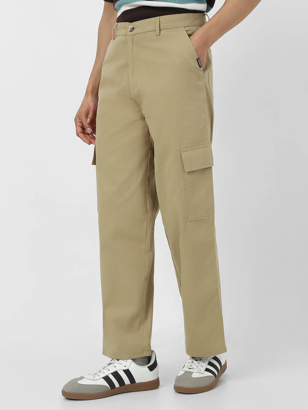 Men's Light Olive Loose Baggy Fit Solid Cargo Chino Pant with 6 Pockets Non-Stretchable