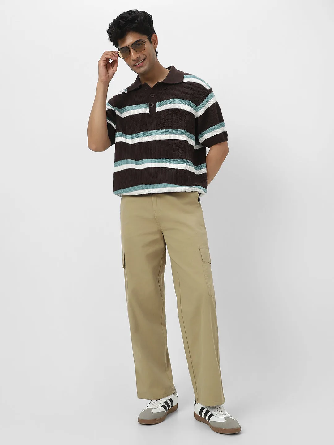 Men's Light Olive Loose Baggy Fit Solid Cargo Chino Pant with 6 Pockets Non-Stretchable