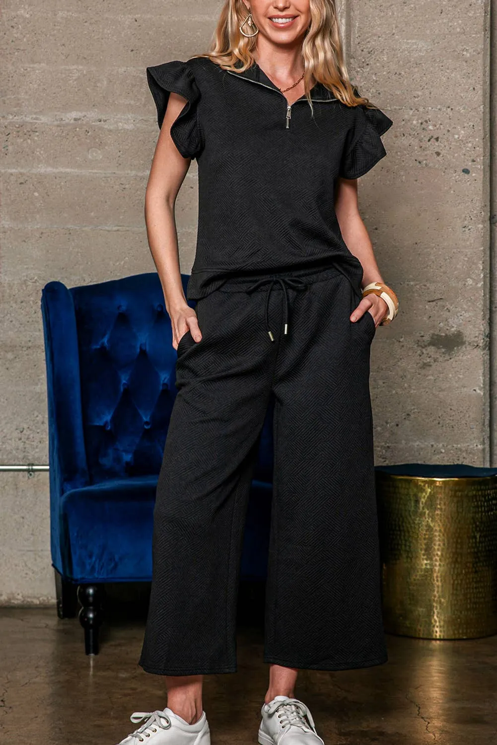 Missy Black Textured Flutter Sleeve Top Wide Leg Pants Set