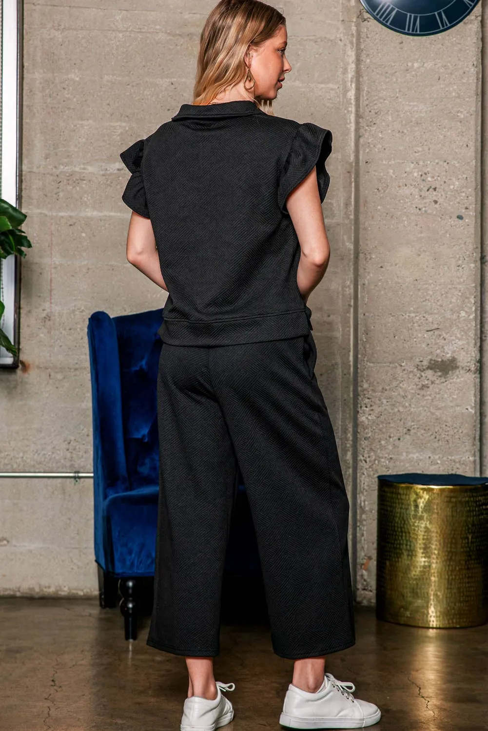 Missy Black Textured Flutter Sleeve Top Wide Leg Pants Set
