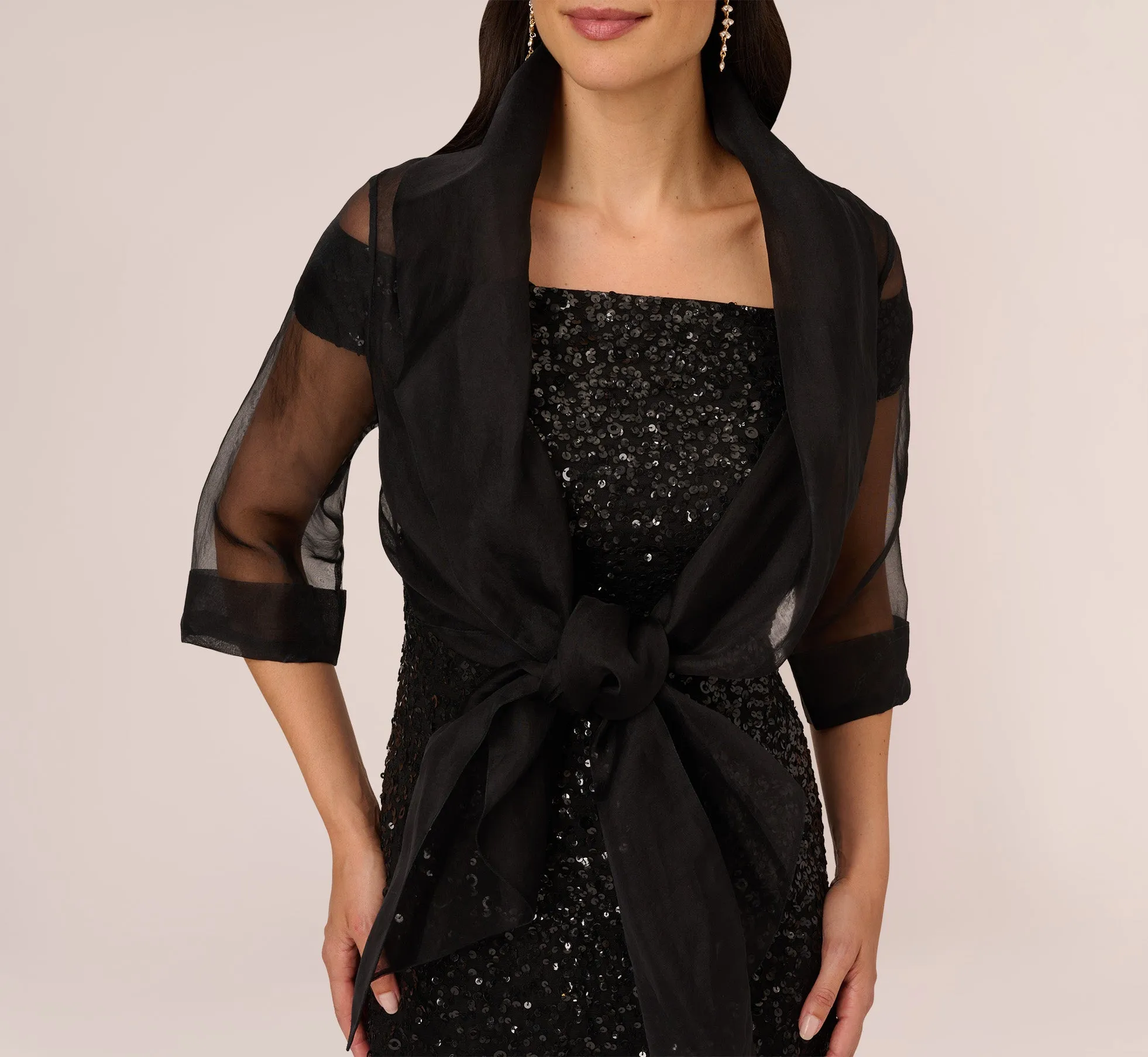 Organza Wrap Jacket With Short Sleeves In Black