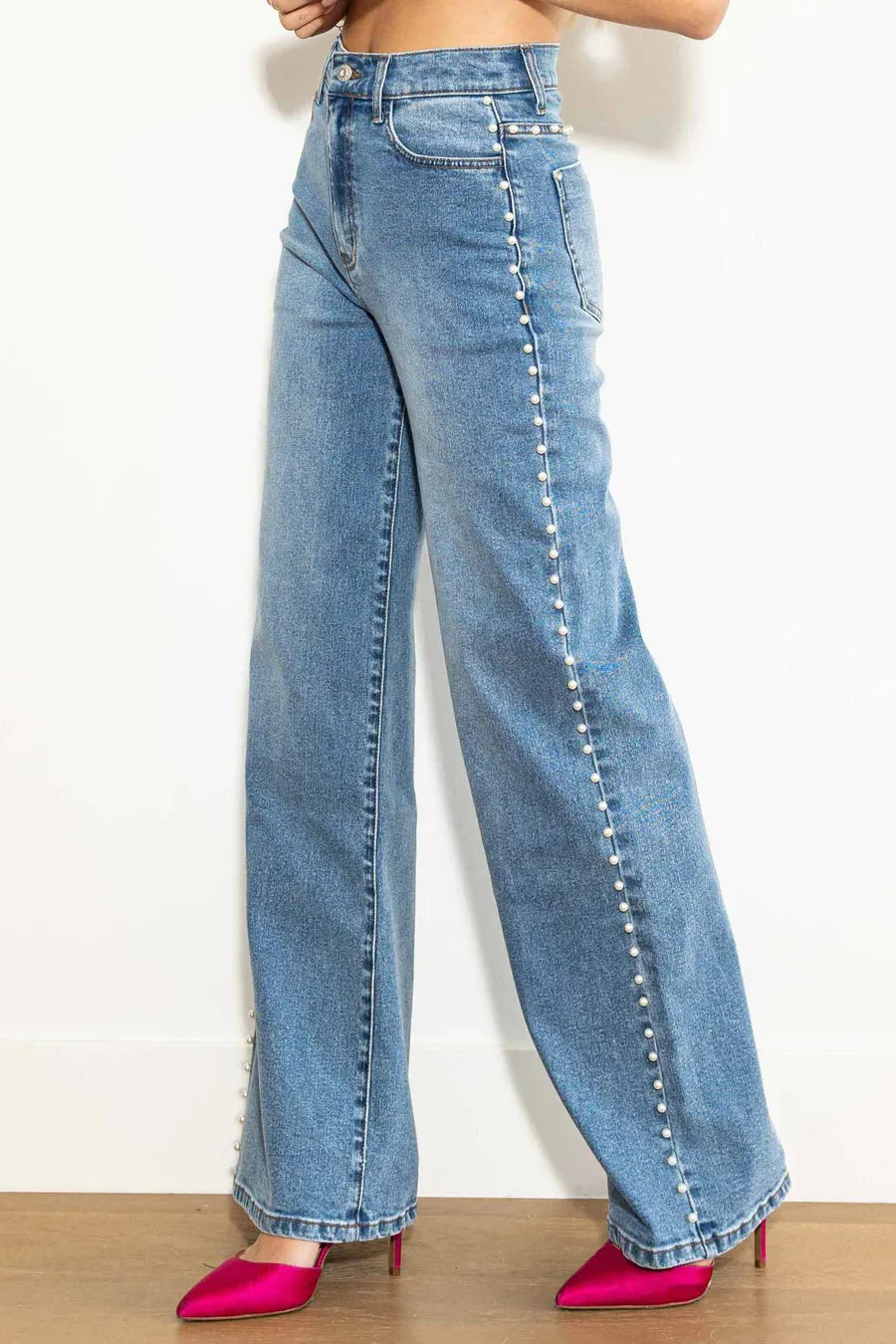 PEARL TRIMMED WIDE LEG JEANS