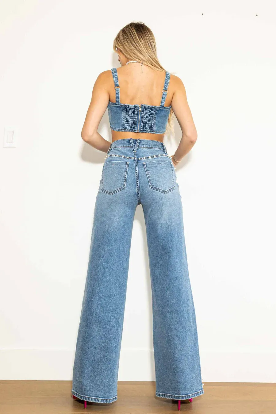 PEARL TRIMMED WIDE LEG JEANS