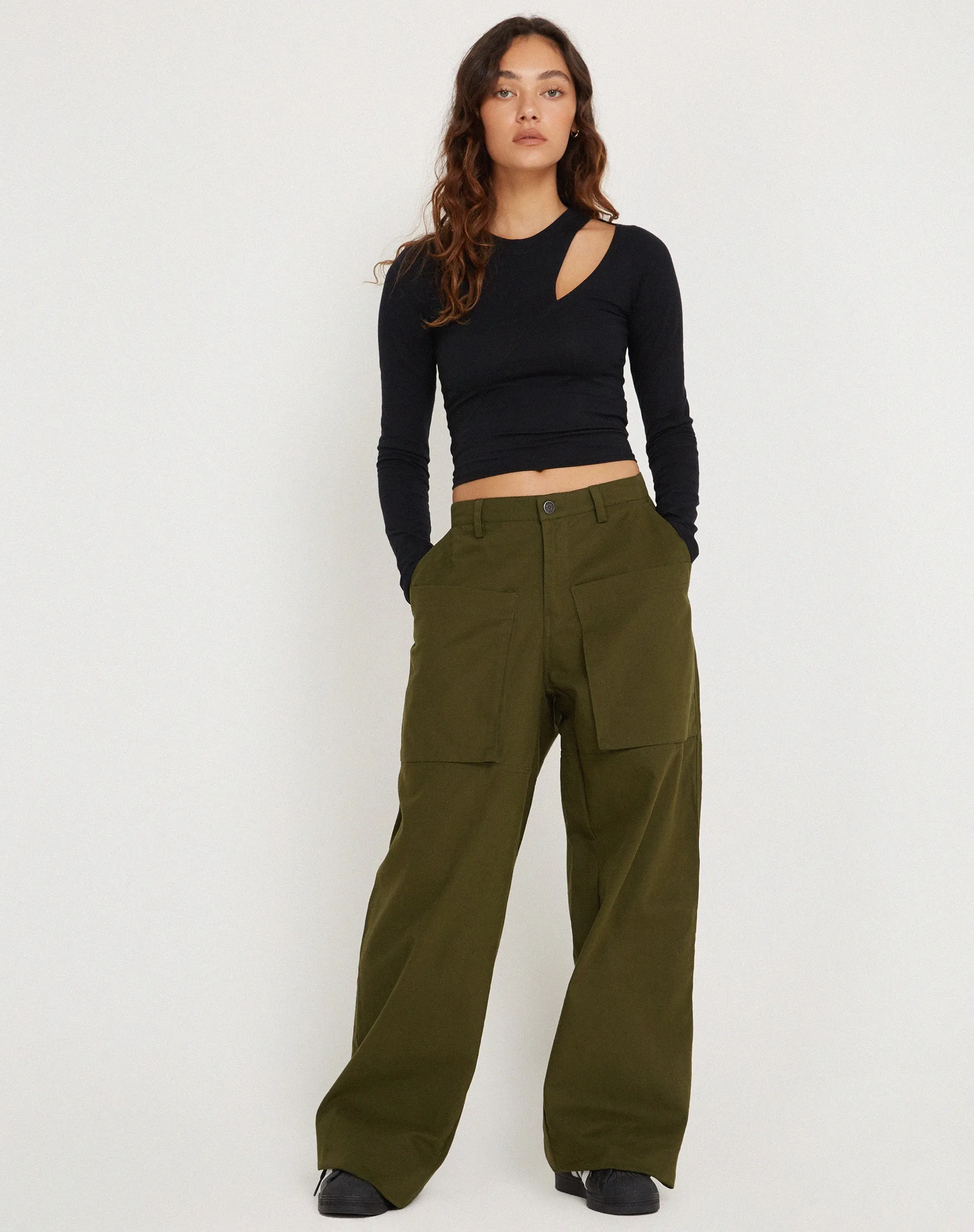 Phalia Wide Leg Cargo Trouser in Dark Olive