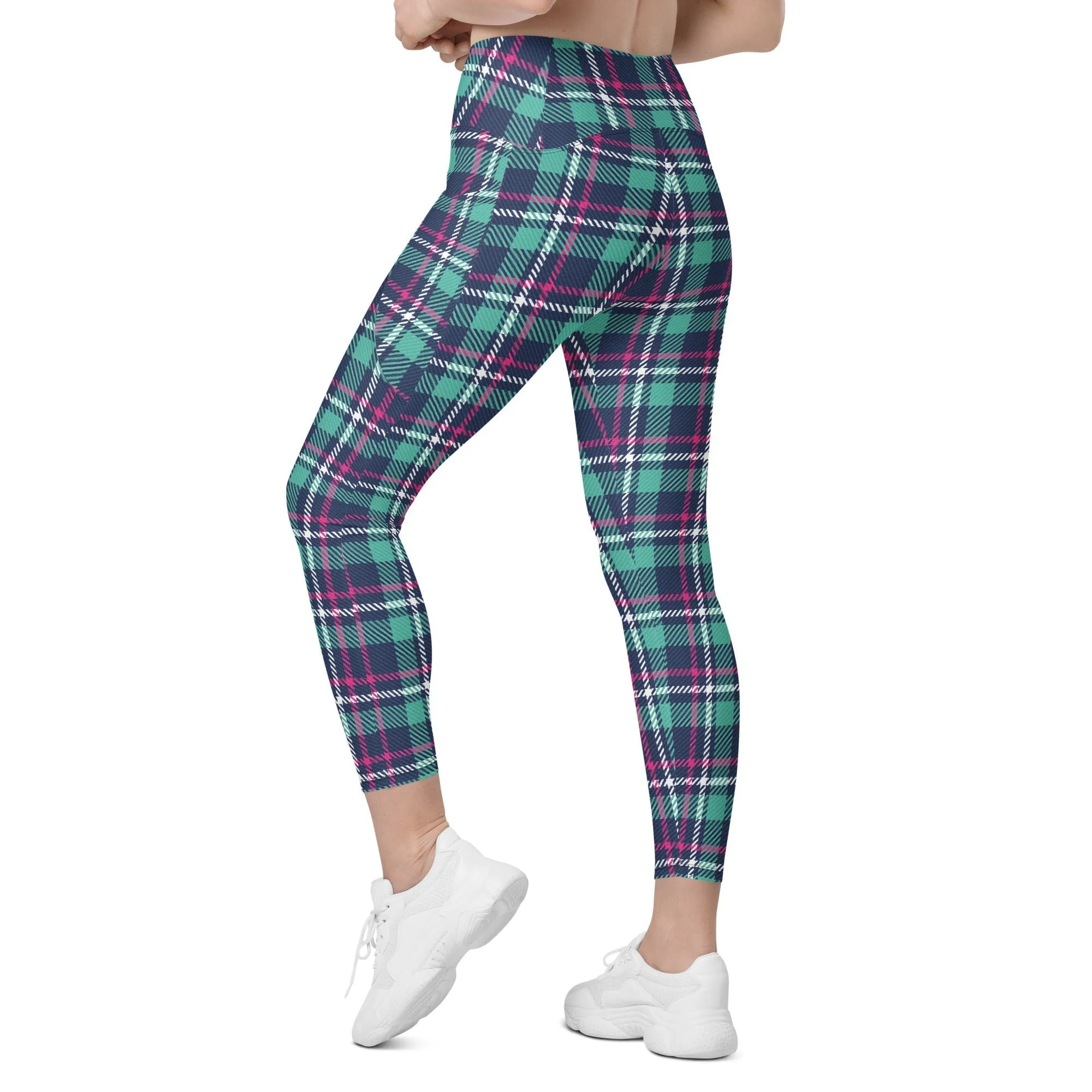 Pink & Turquoise Plaid Print Leggings With Pockets