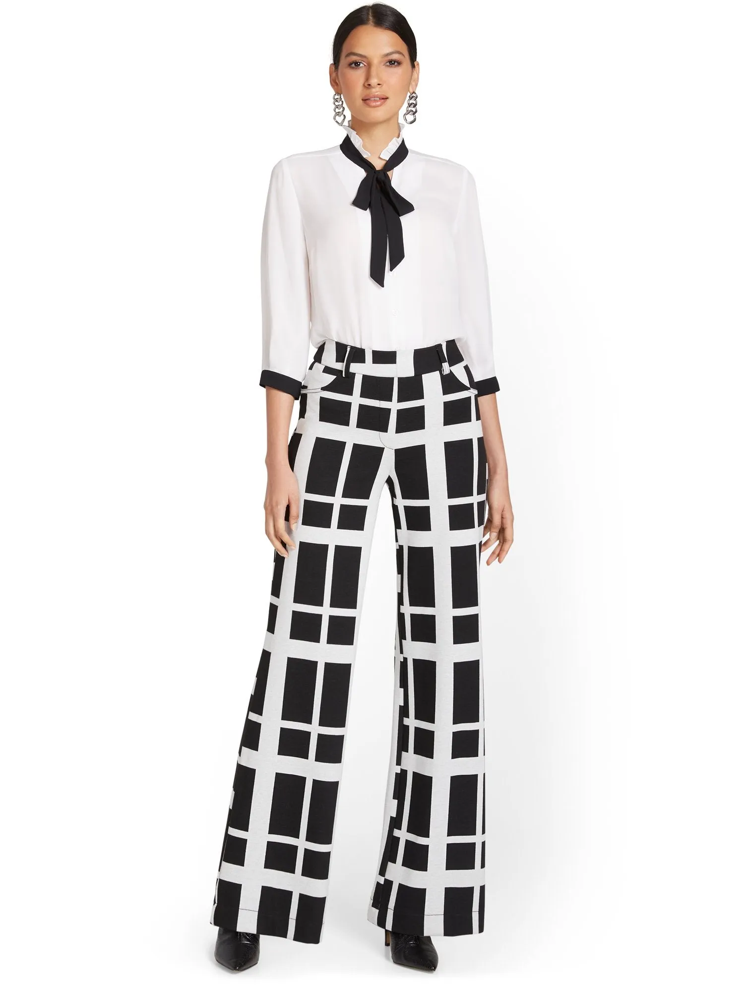 Pull-On Windowpane-Print Wide-Leg Ponte Pant - Superflex