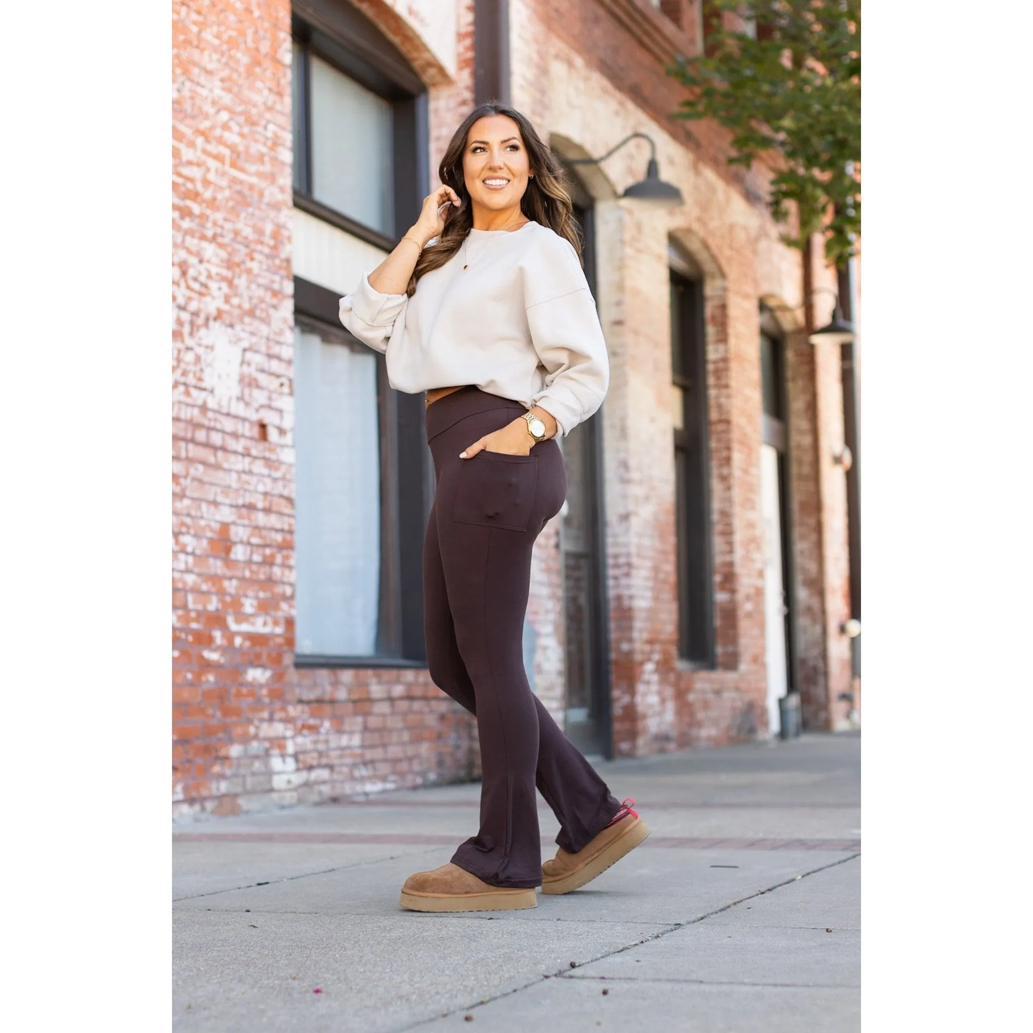 Ready to Ship | The Brandy - Brown Flare Leggings WITH POCKETS - Luxe Leggings by Julia Rose